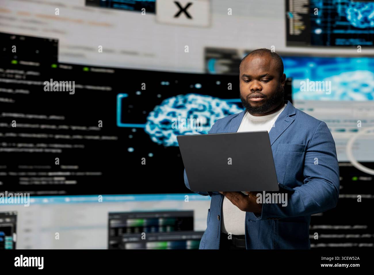 African american professional engineer programming for innovation hub, reviewing big data and binary code on the dashboard. IT developer working on programming language algorithm. Stock Photo