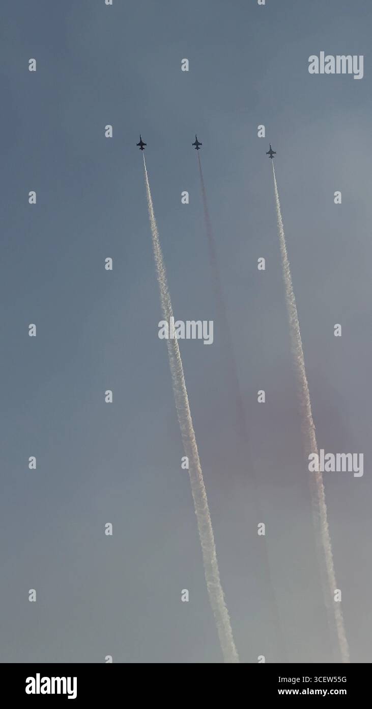 Turkiye, Antalya, Konyaalti April 23, 2025 Turkish stars. Demonstration flights over the city from 'Turkish stars'. Incredible aerobatics. - Smartphone Captured Stock Image