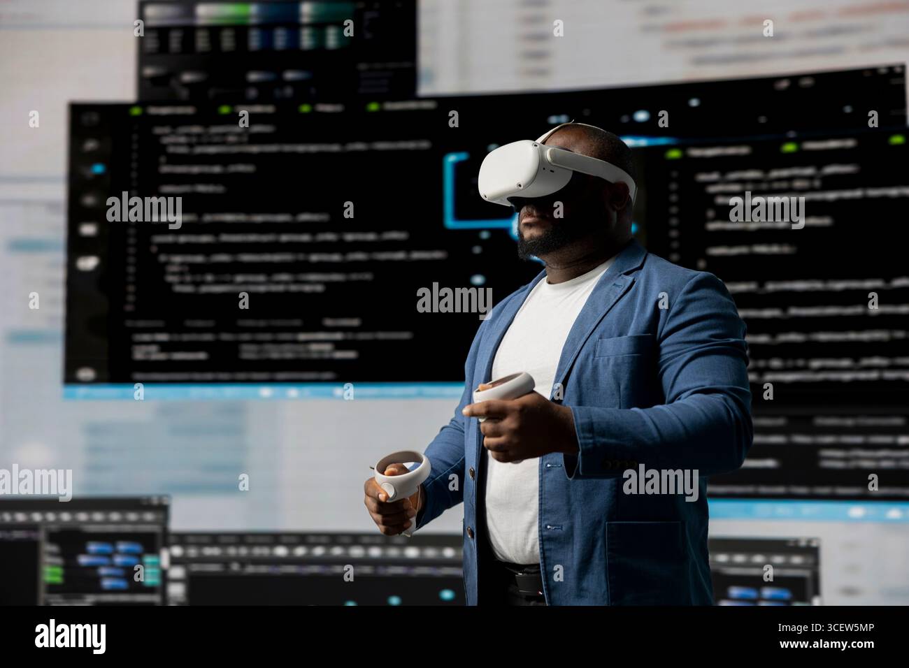 Black professional engineer engaging in virtual reality with glasses, focusing on system development. Utilizing code on terminal window to debug and design new software. IT career. Stock Photo