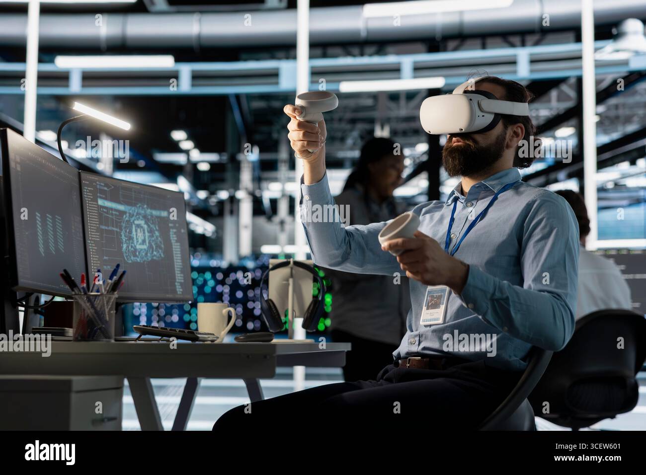 Data center worker wearing VR headset using artificial intelligence neural networks technology. Server farm software developer using AI programming language and virtual reality to update hardware Stock Photo