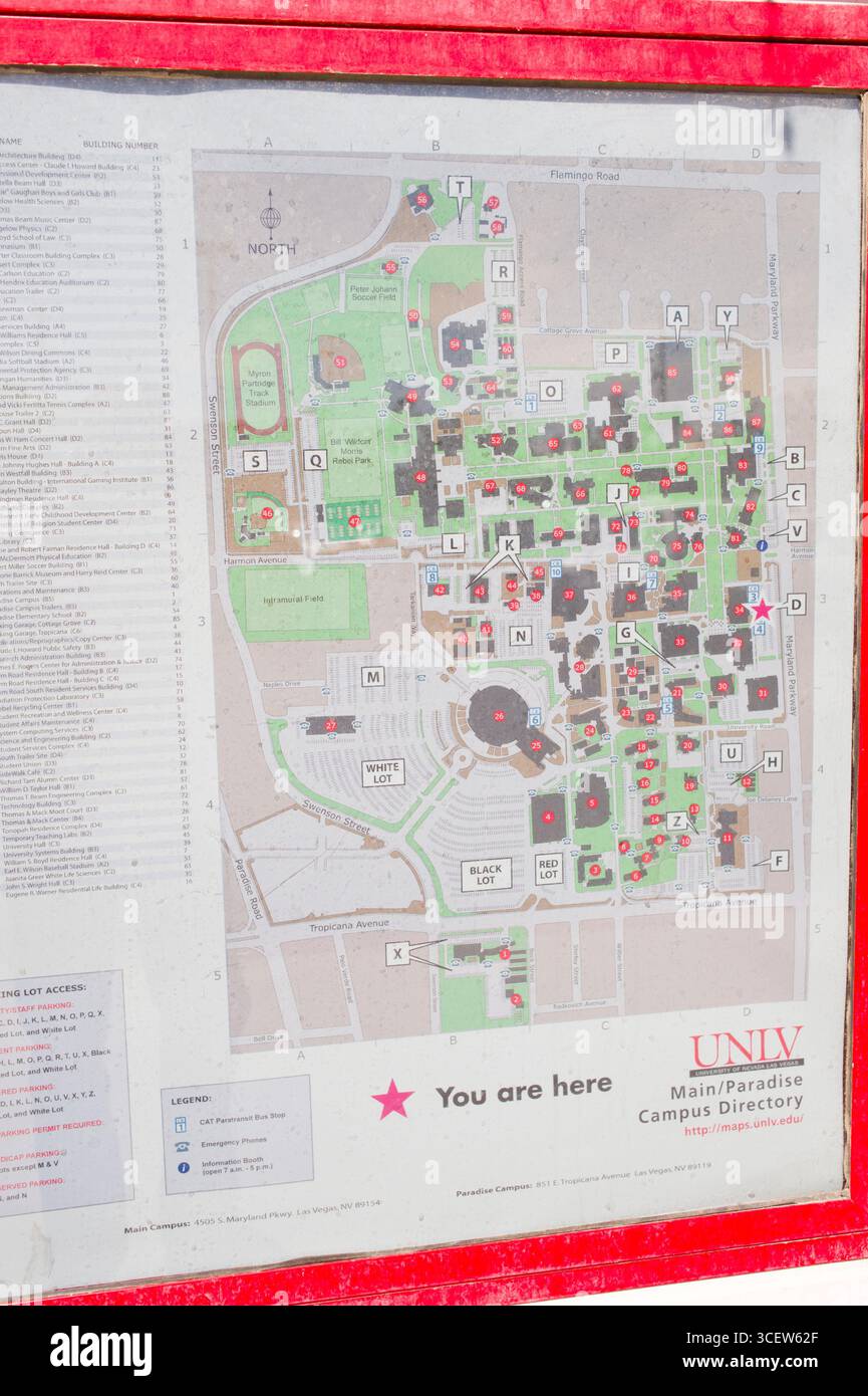 Map of UNLV Main/Paradise Campus, Las Vegas, Clark County, Nevada, USA