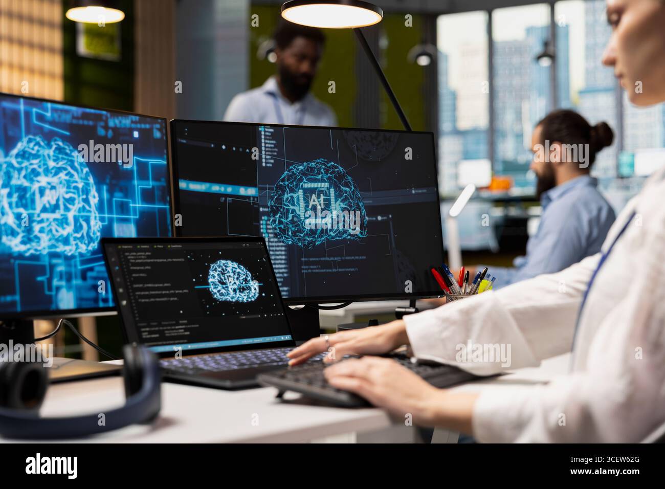 Admin using devices to adjust neural networks algorithms parameters, automating workflow. Tech company worker using artificial intelligence insights for code optimization in office Stock Photo