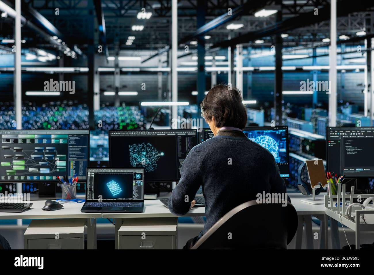 Software developer in data center using PC, managing AI training datasets. IT employee using computer program to oversee machine learning in server room supporting scalable infrastructure for AI apps Stock Photo