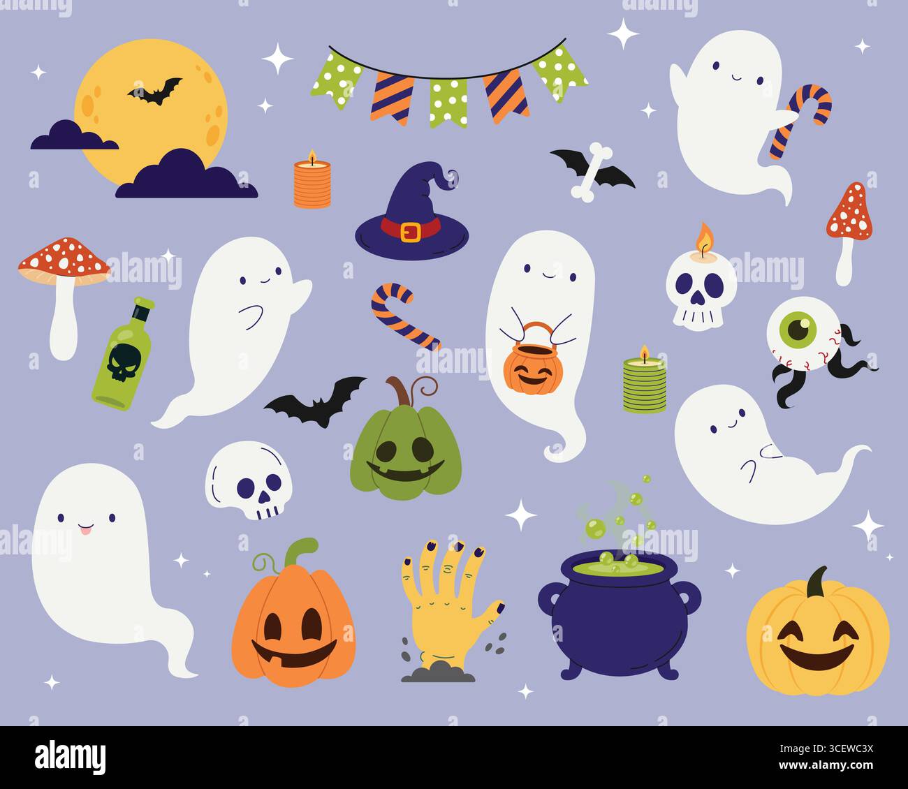 A set of cute characters. Cute ghosts and other Halloween elements. Vector illustration in flat style. Stock Vector