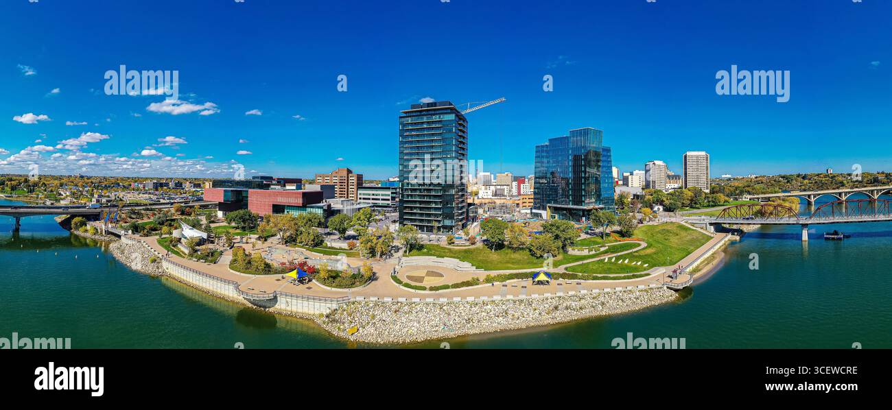 River Landing is located in the downtown area of Saskatoon along the South Saskatchewan River. Stock Photo