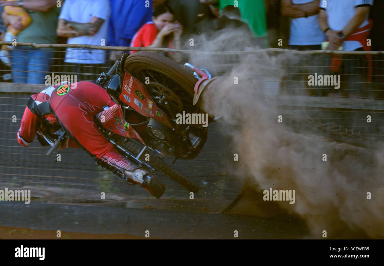 Spectacular Speedway Crash For Glasgow Tigers British Rider Max Perry During The Glasgow v Oxford Meeting At The Glasgow Ashfield Racing Track. Stock Photo