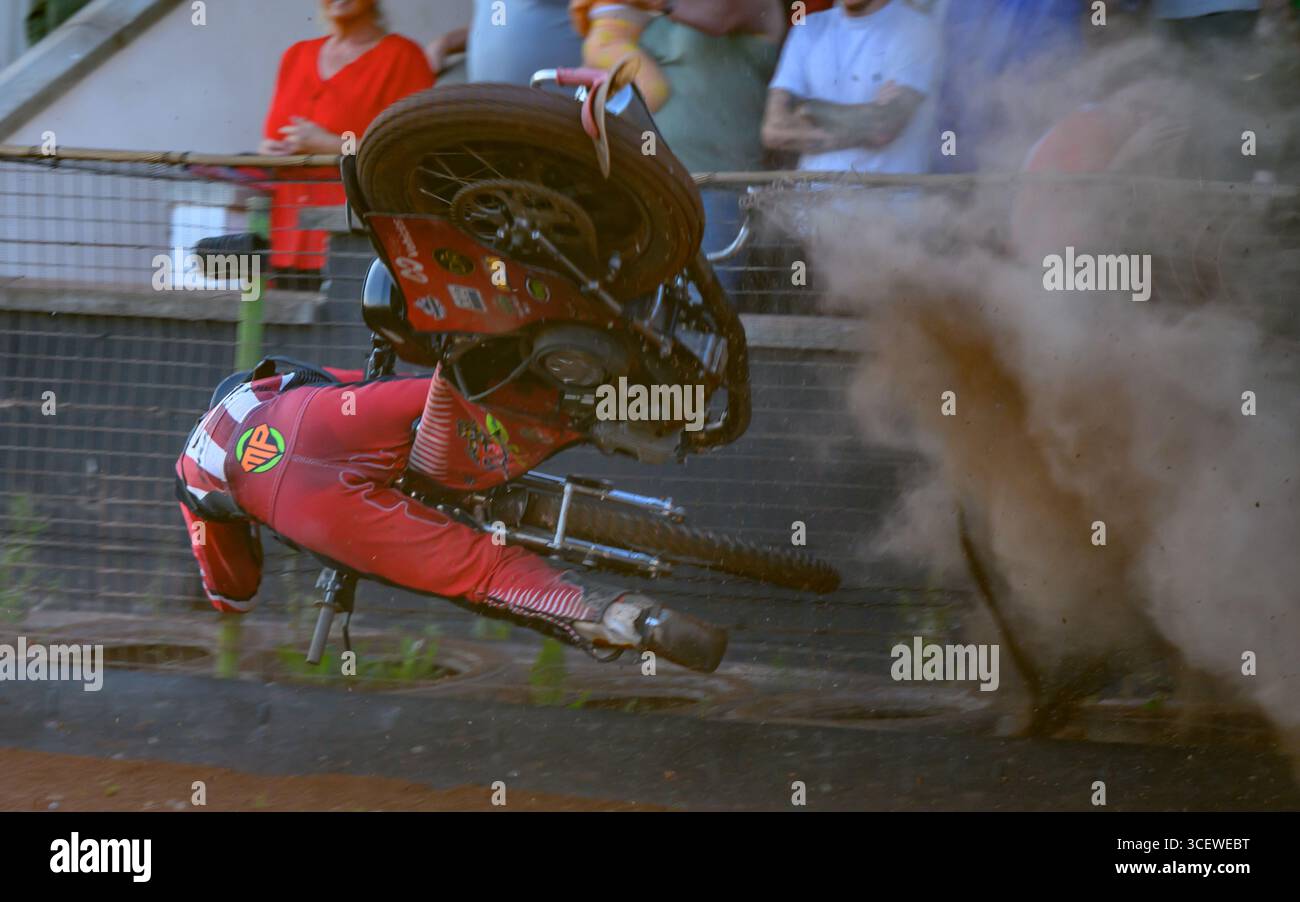 Spectacular Speedway Crash For Glasgow Tigers British Rider Max Perry During The Glasgow v Oxford Meeting At The Glasgow Ashfield Racing Track. Stock Photo