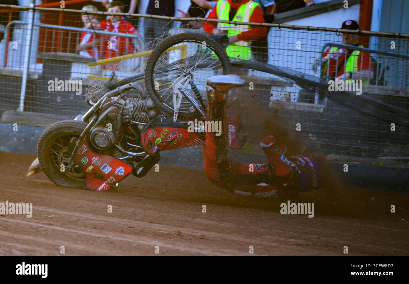 Spectacular Speedway Crash For Glasgow Tigers British Rider Max Perry During The Glasgow v Oxford Meeting At The Glasgow Ashfield Racing Track. Stock Photo