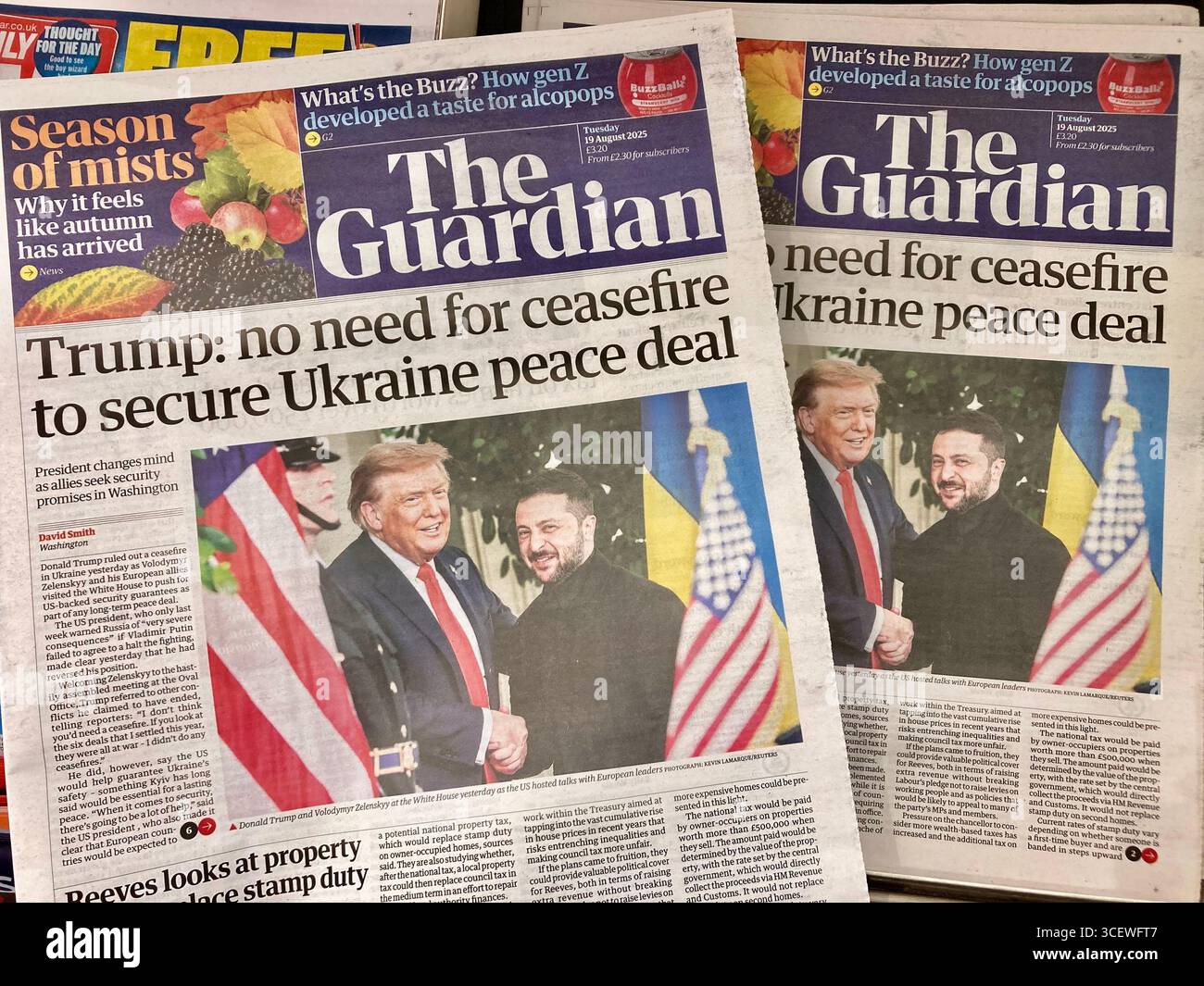 UK newspapers widely report US will provide security guarantees as part of any term peace deal Stock Photo