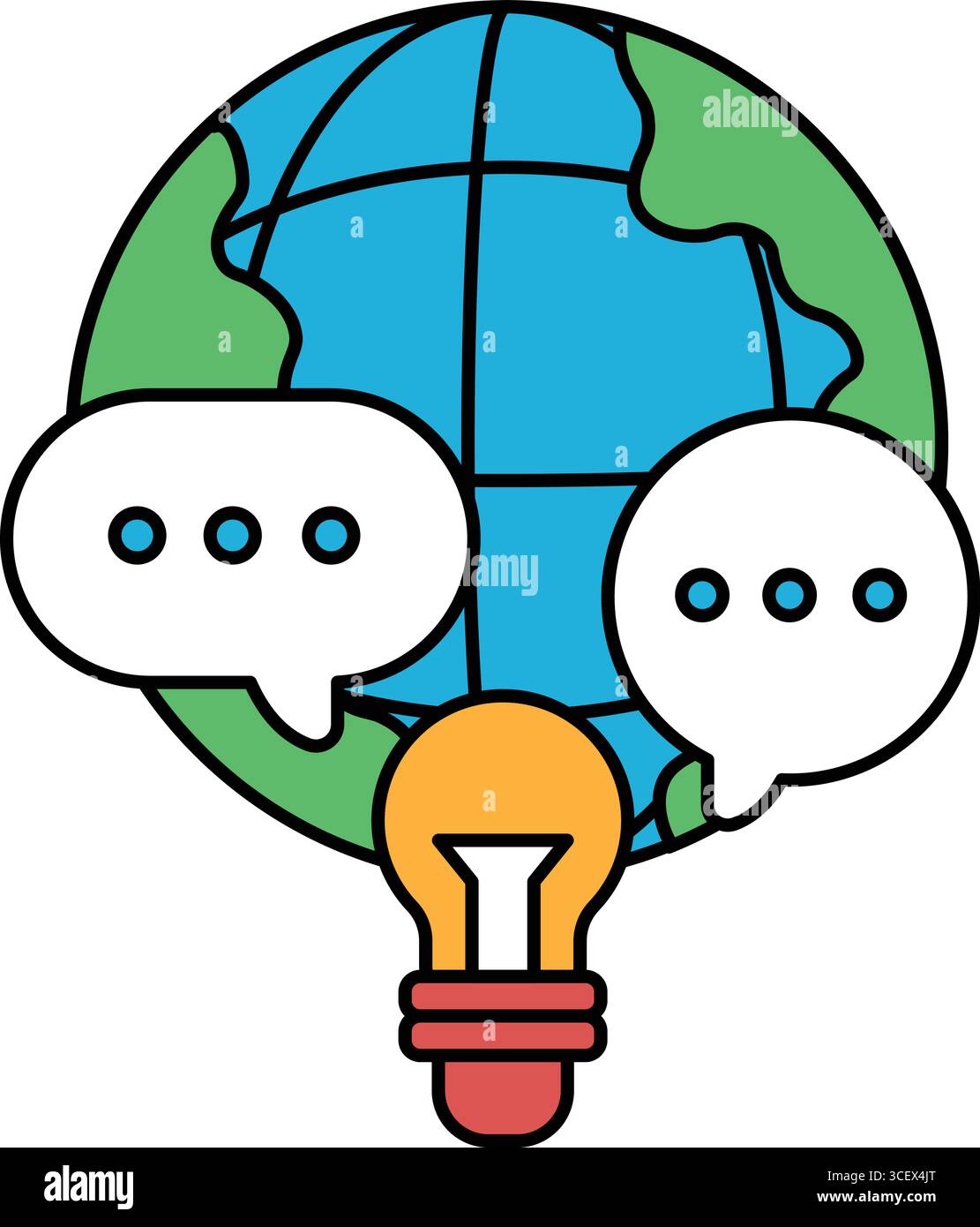 A globe with two speech bubbles and a light bulb. The globe is ...