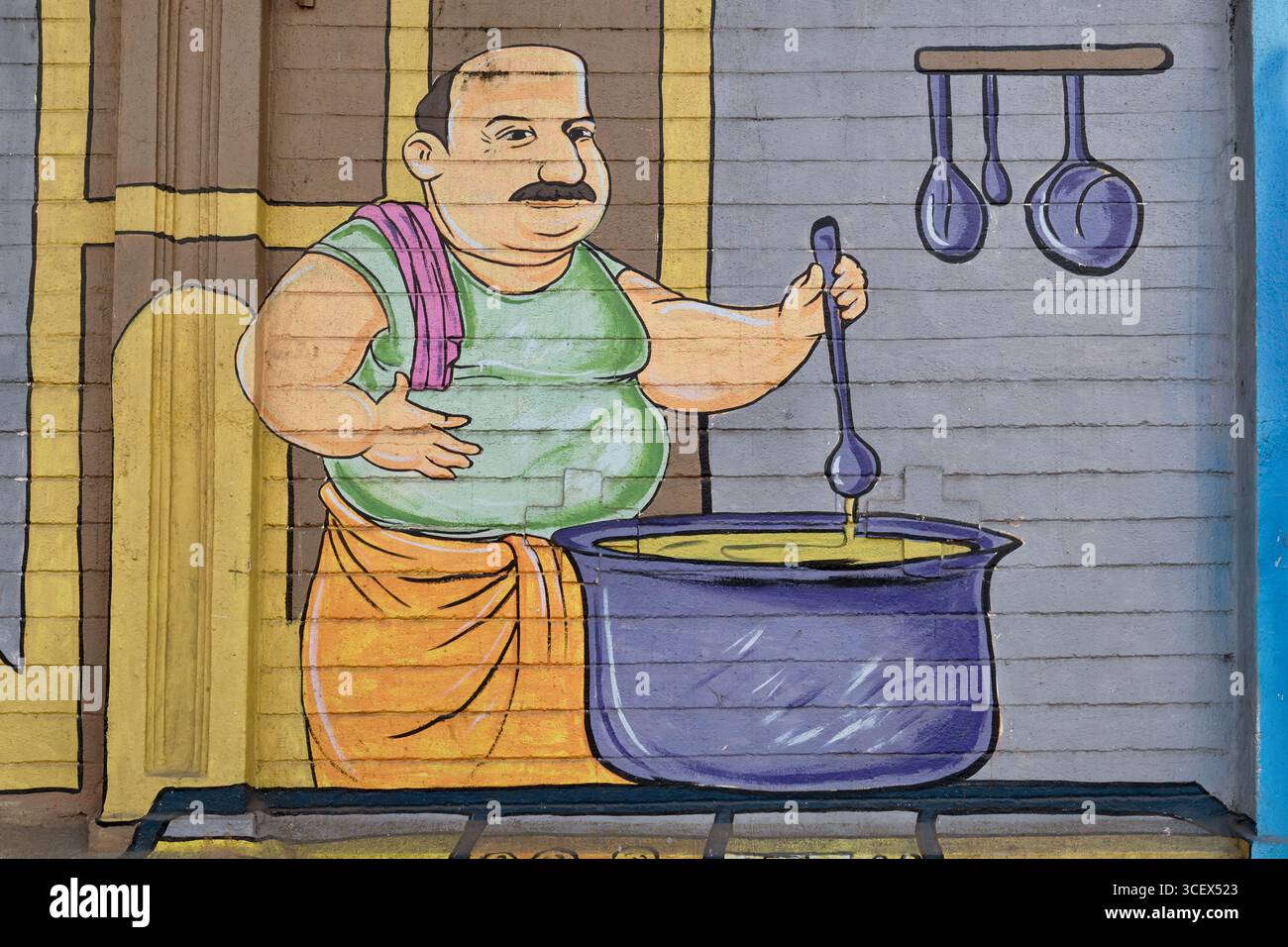 A mural in Byculla, Mumbai, India, depicting a pot-bellied indian cook ...