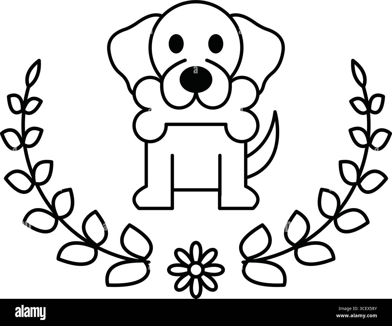 A dog is holding a bone in its mouth. The image is black and white and has a flower in the background Stock Vector