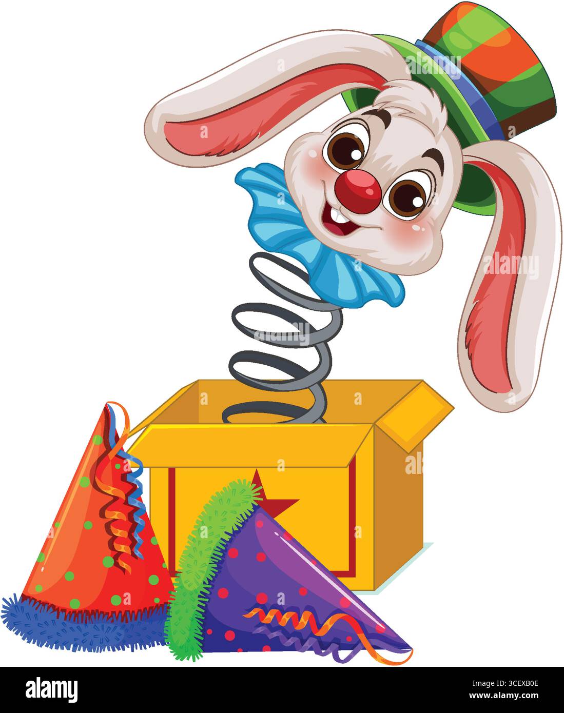 Vector illustration of a cheerful bunny jack-in-the-box wearing a clown ...