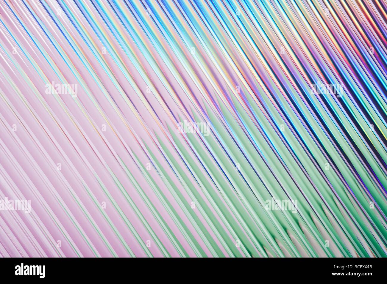 Iridescent gradient ribbed glass background, diagonal abstract texture Stock Photo