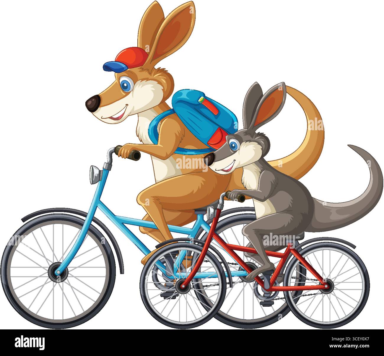 Cartoon kangaroo parent and child ride bicycles side by side, wearing ...