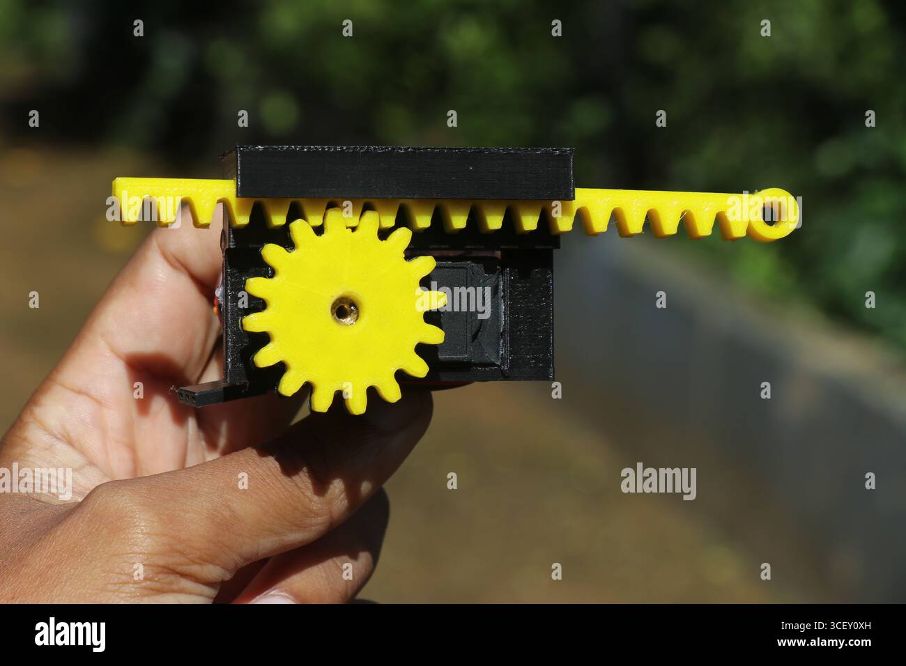 View of 3d printed gear and slider mechanism installed on a servo module for various robotic applications Stock Photo