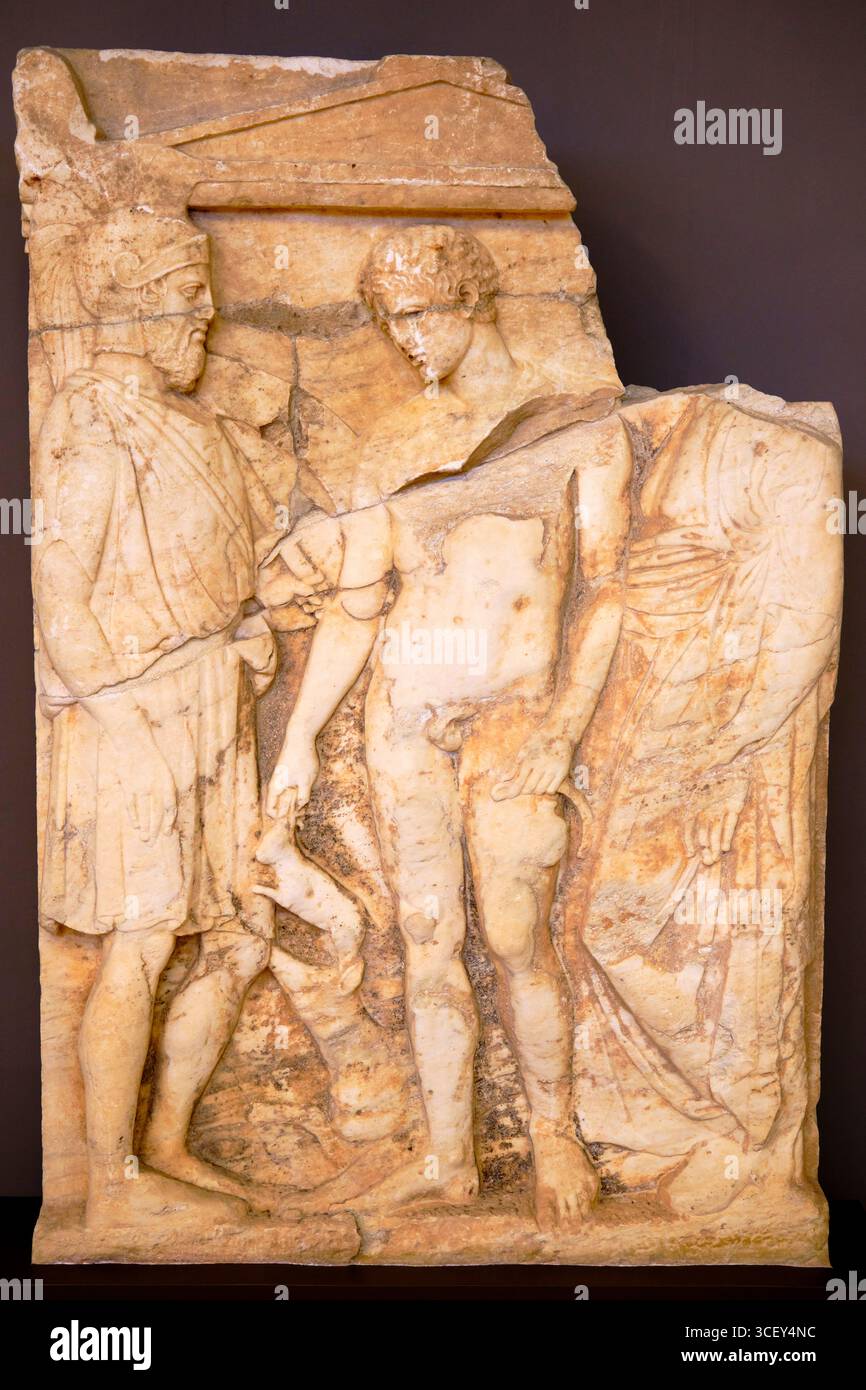 Greece, Attica, Archaeological site of Brauron, place of worship of Artemis, archaeological museum, funerary stele, marble, 410 BC Stock Photo