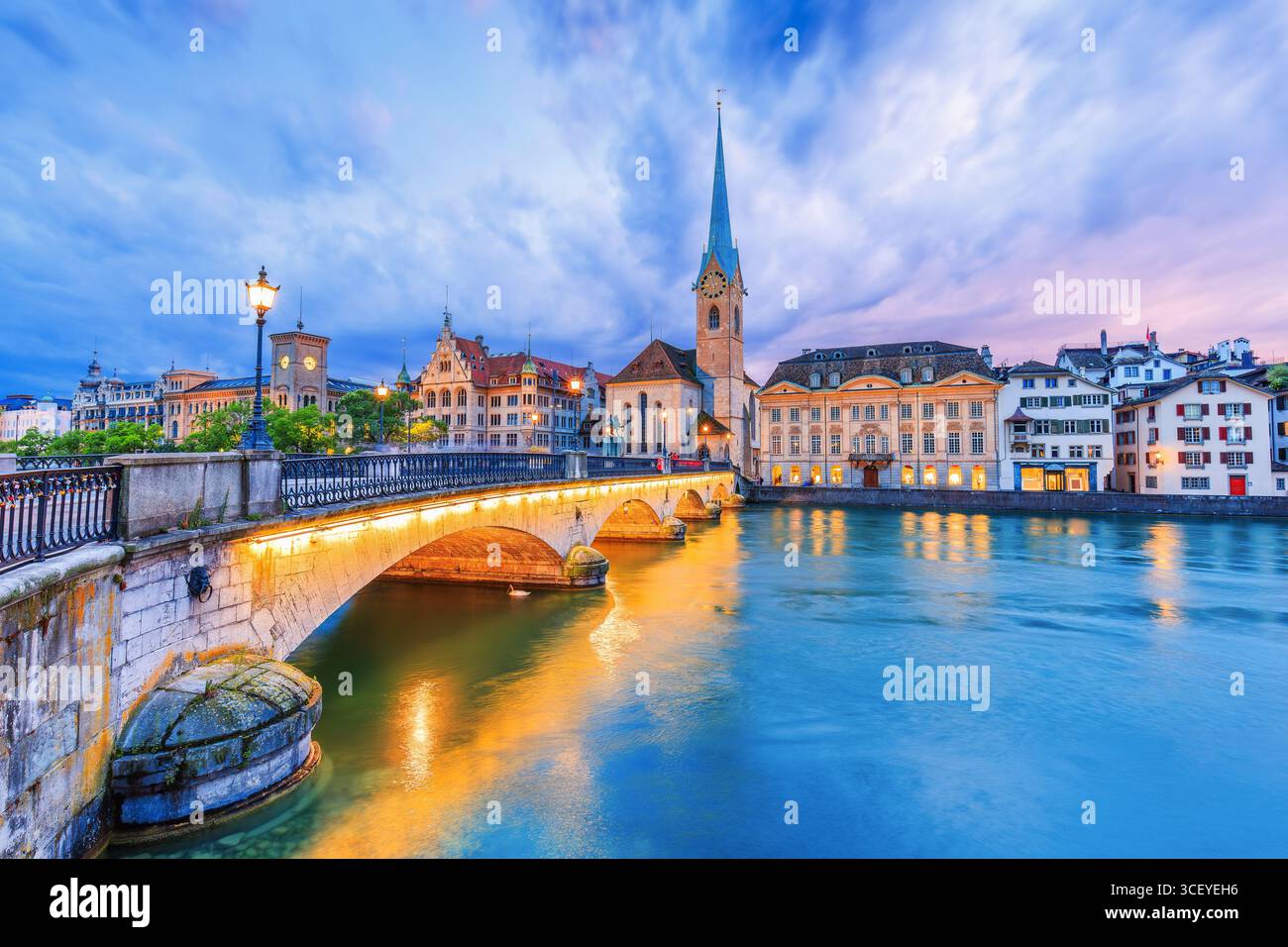 Zurich, Switzerland. View of the historic city center with famous Fraumunster Church, on the Limmat river. Stock Photo