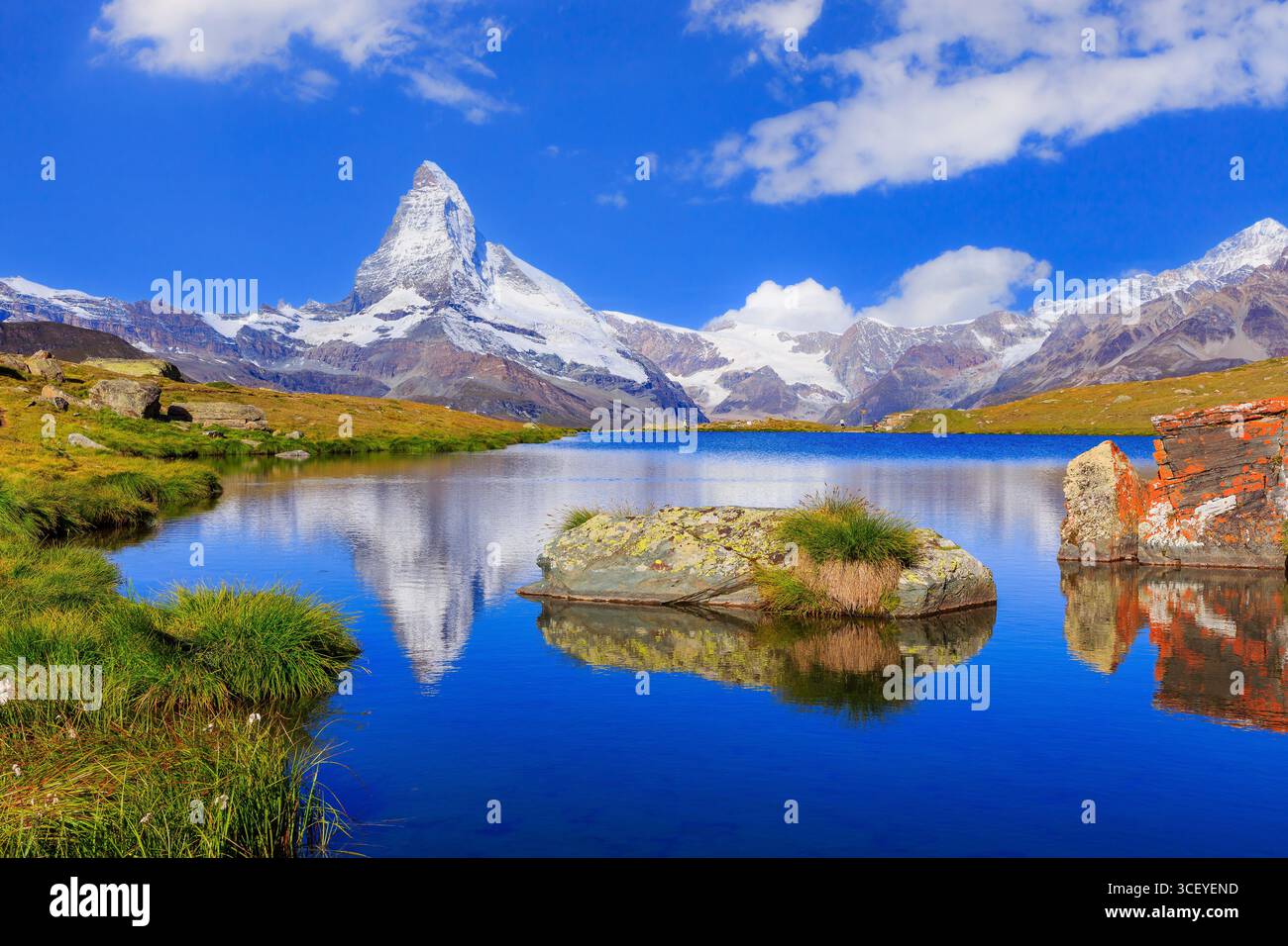Zermatt, Switzerland. Matterhorn peak reflected in Stellisee Lake, Canton of Valais. Stock Photo