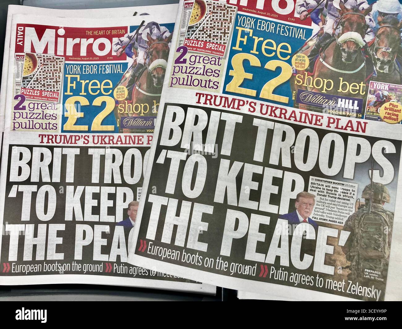 one UK tabloid newspaper report Trump's Ukraine plan , Britain will send troops to Ukraine to keep the peace Stock Photo