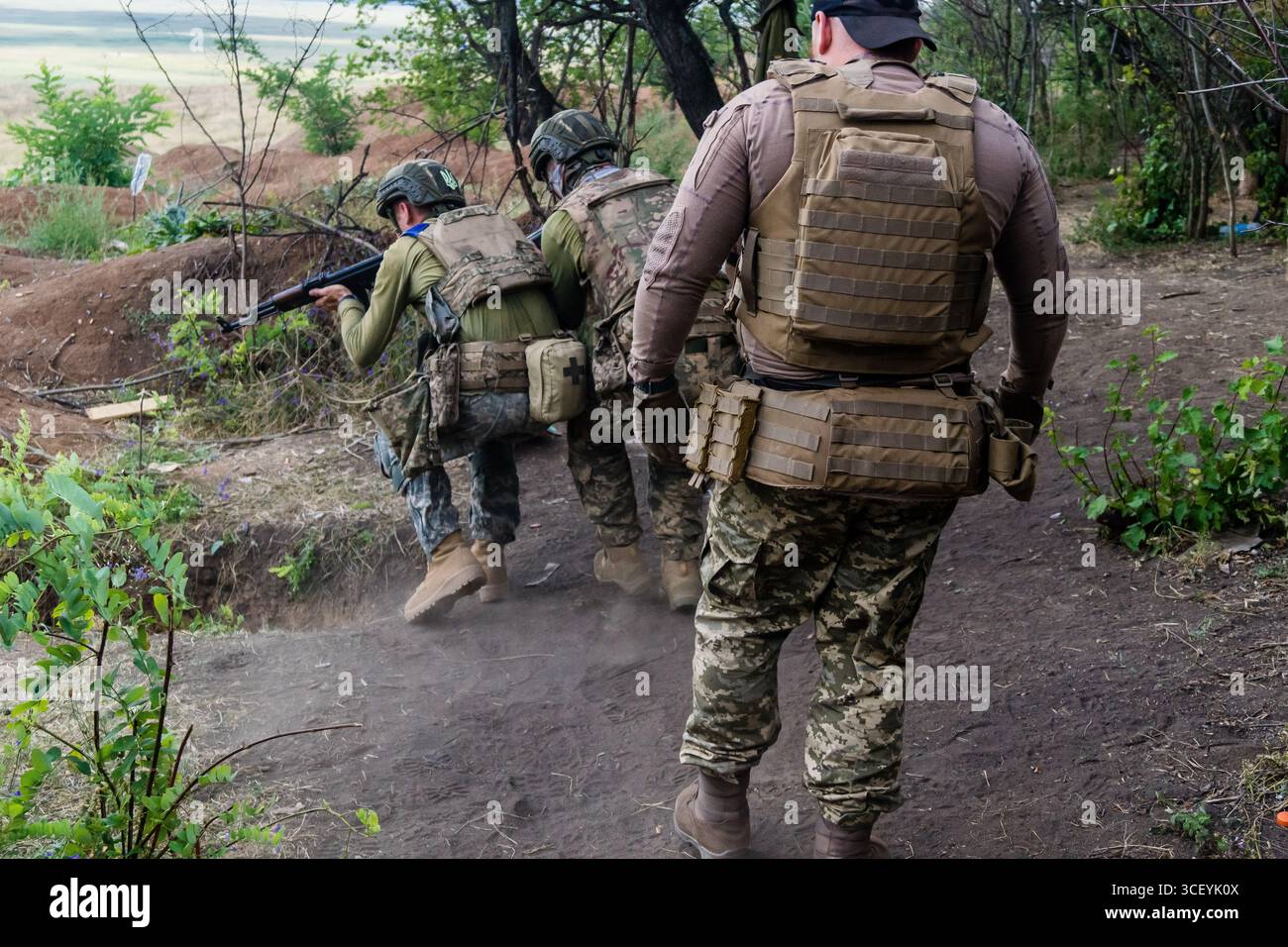 Donbass, Ukraine, August 16, 2025 Ukrainian soldiers train in various ...