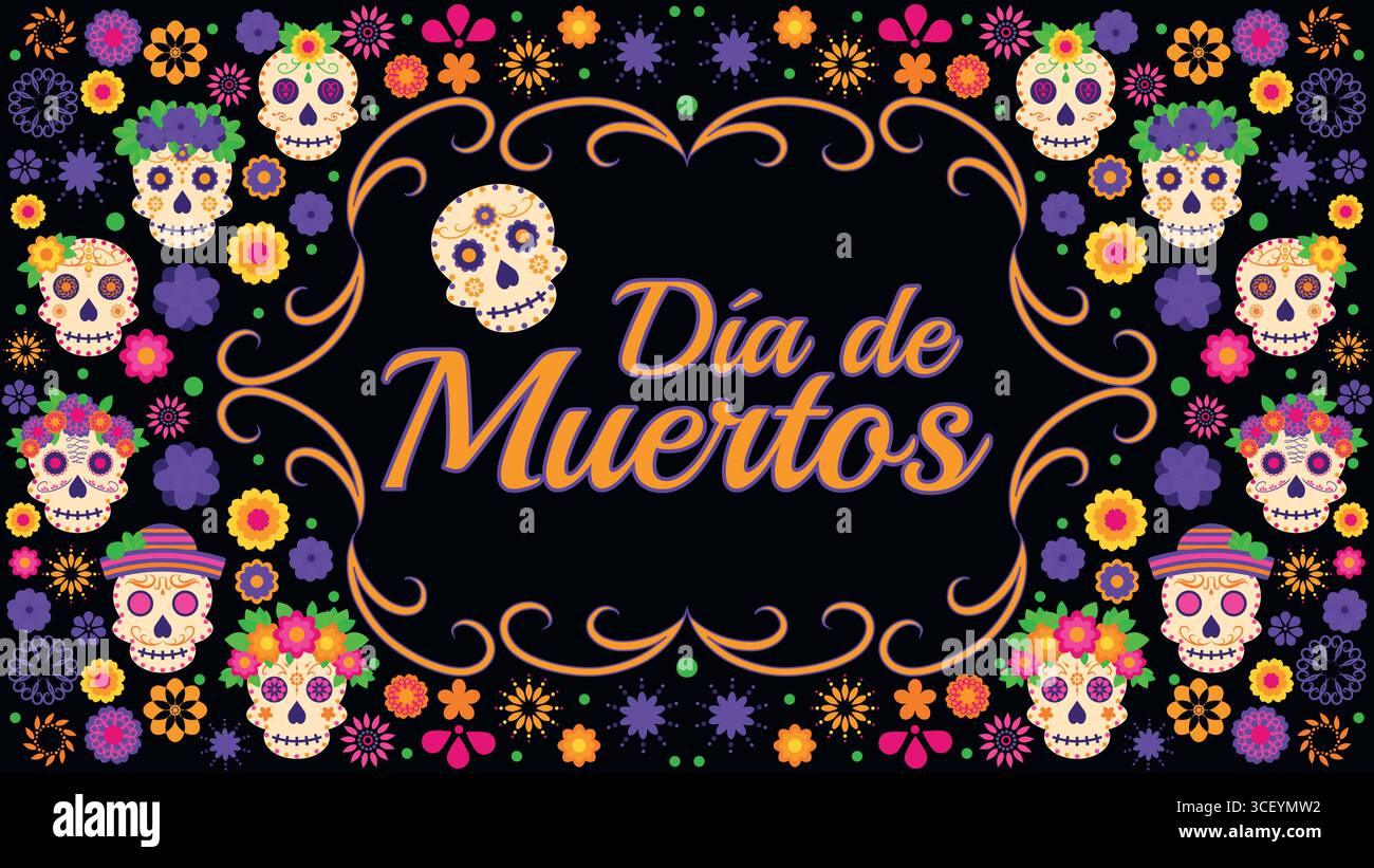 Dia de Muertos Poster Sugar Skulls and Flowers Mexican Day of the Dead ...