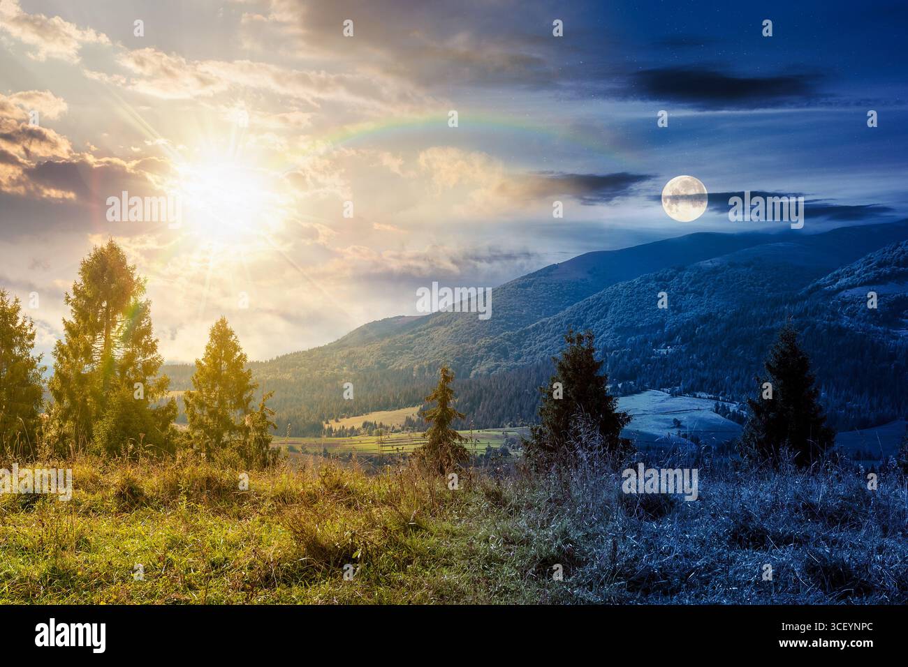 hillside of mountain range with coniferous forest and meadow. day and night time change concept. scenery of carpathian mountain in september with sun Stock Photo