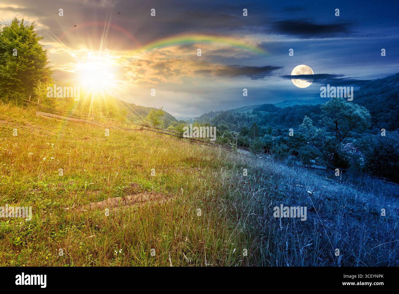countryside landscape with overcast sky in summer. day and night time change concept. forest on the grassy hill with sun and moon at twilight. cloudy Stock Photo
