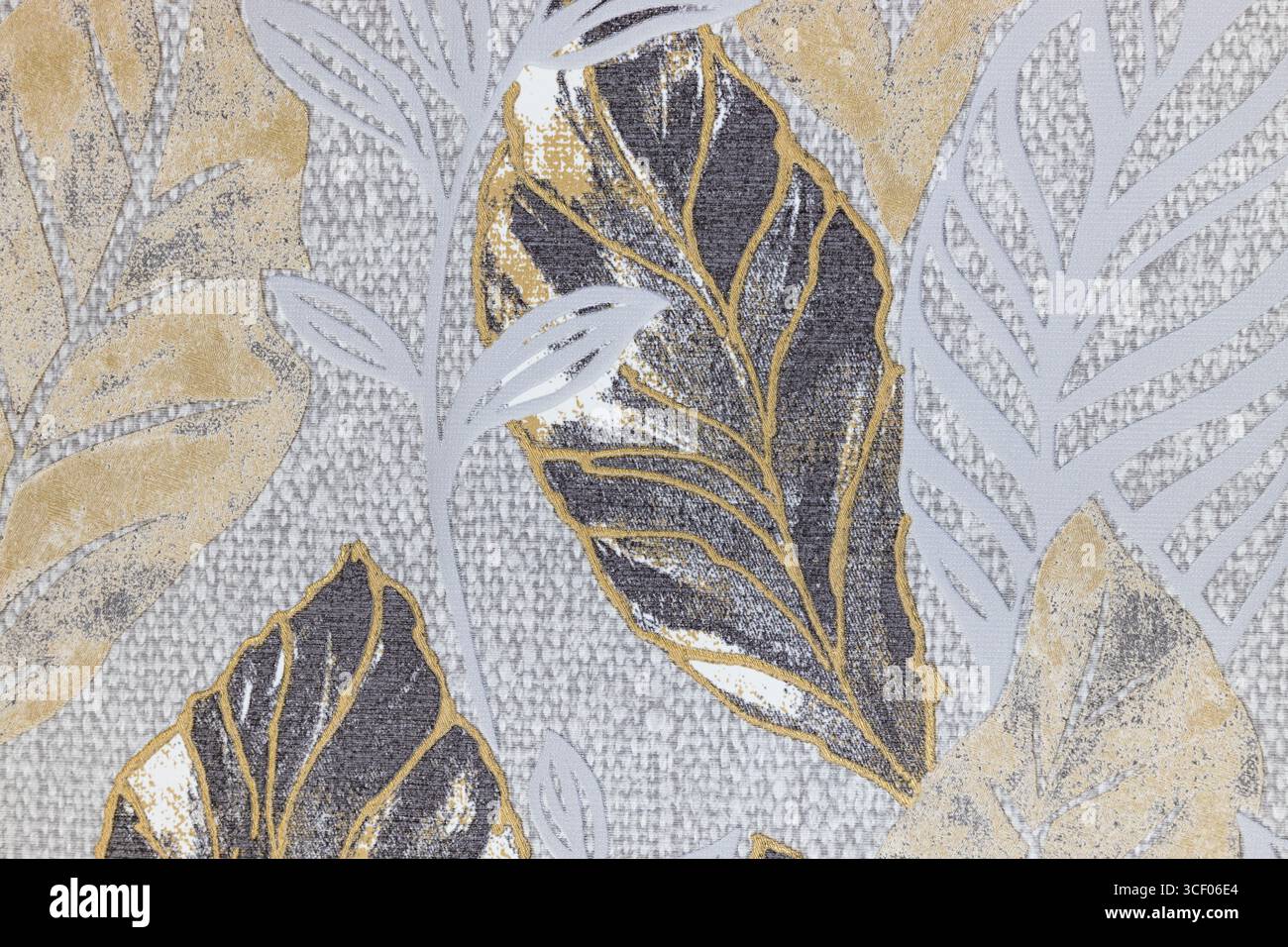 Gold and Gray Botanical Leaf Pattern Wallpaper Texture, Embossed Metallic Background Stock Photo