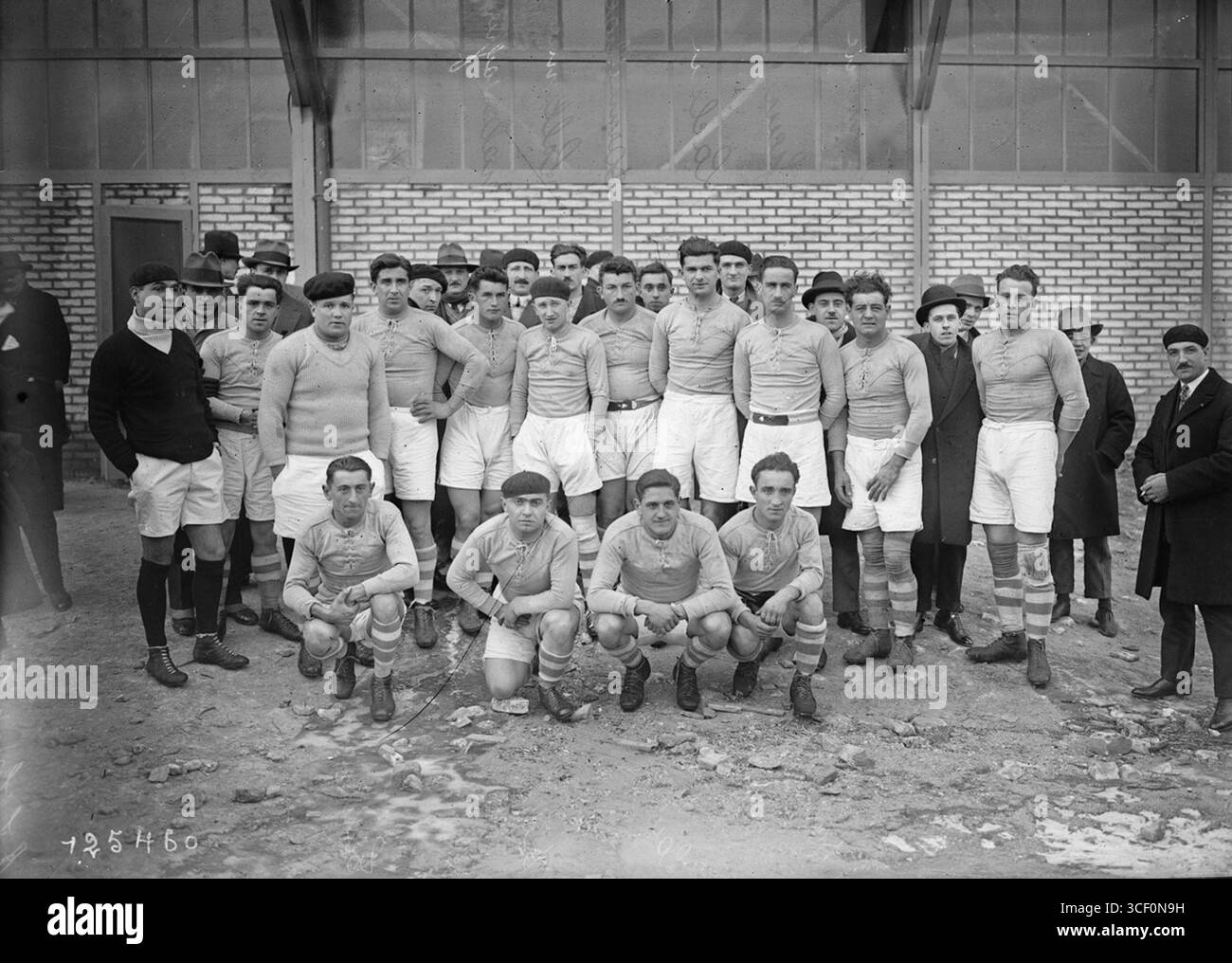 This 1927 photograph features the football team of AS Soustons at Parc des Princes, Paris. Players shown include Testemale, Dubasque, Laulhé, Doussy, Blanque, Mora, Laclau, Gieure, Lavincente, and Glize. Stock Photo