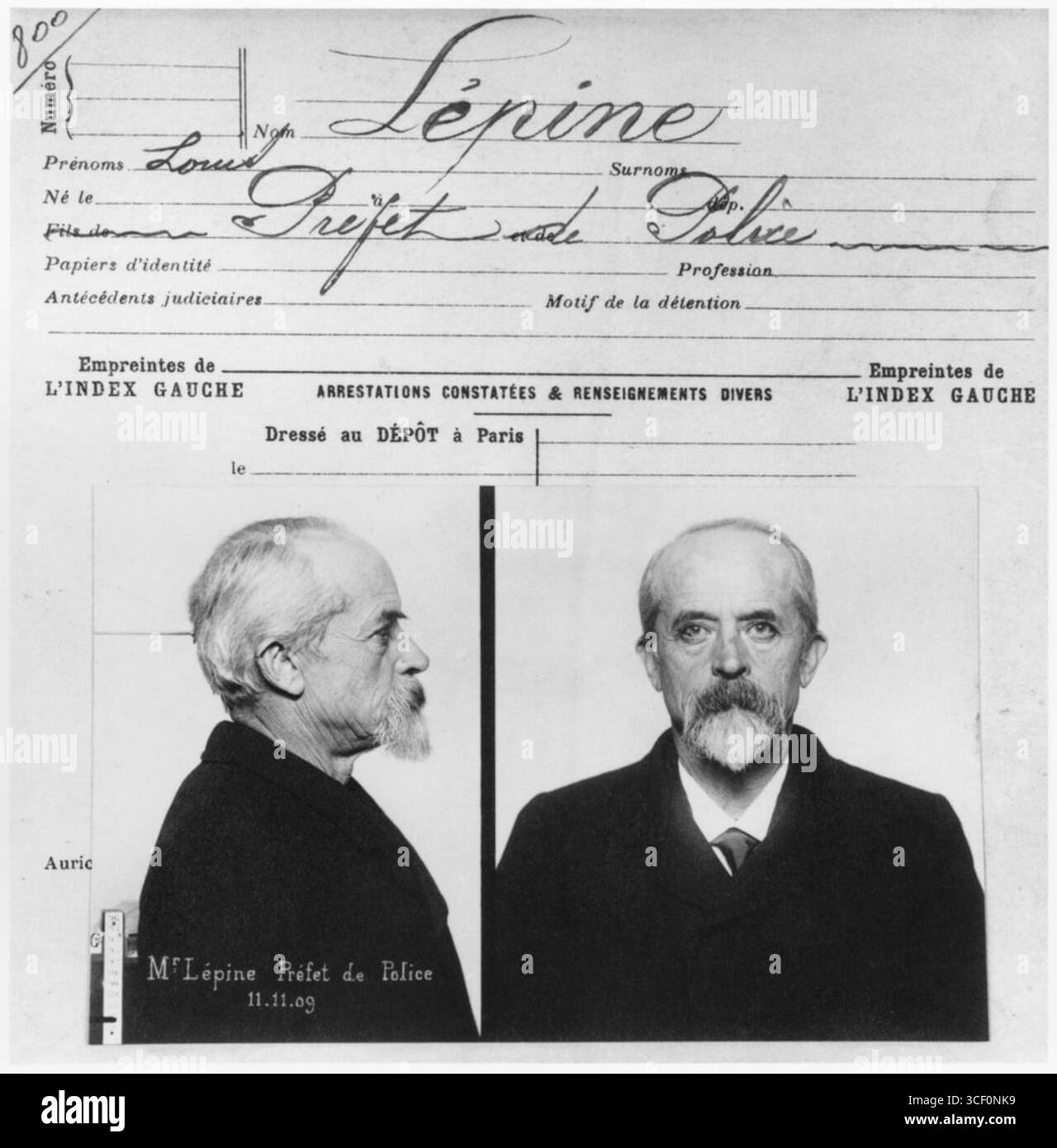 An anthropometric record of Louis Lépine, Prefect of Police in Paris, dated November 11, 1909, detailing his physical measurements. Stock Photo