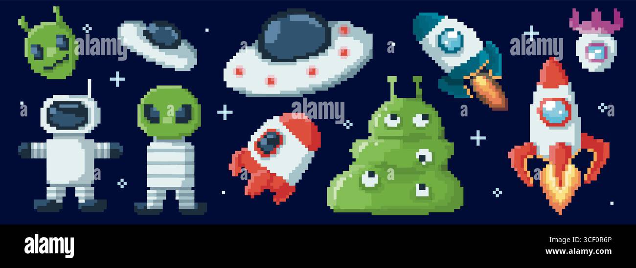 Pixel space collection with UFO and invaders, rocket and alien creatures for retro arcade game. 8 bit astronaut, green monster with flying saucers. Retro sci fi sprites for cosmic shooter apps. Stock Vector