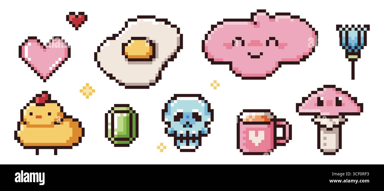 Pixel icon collection with 8 bit hearts, fried egg, cloud character and ...