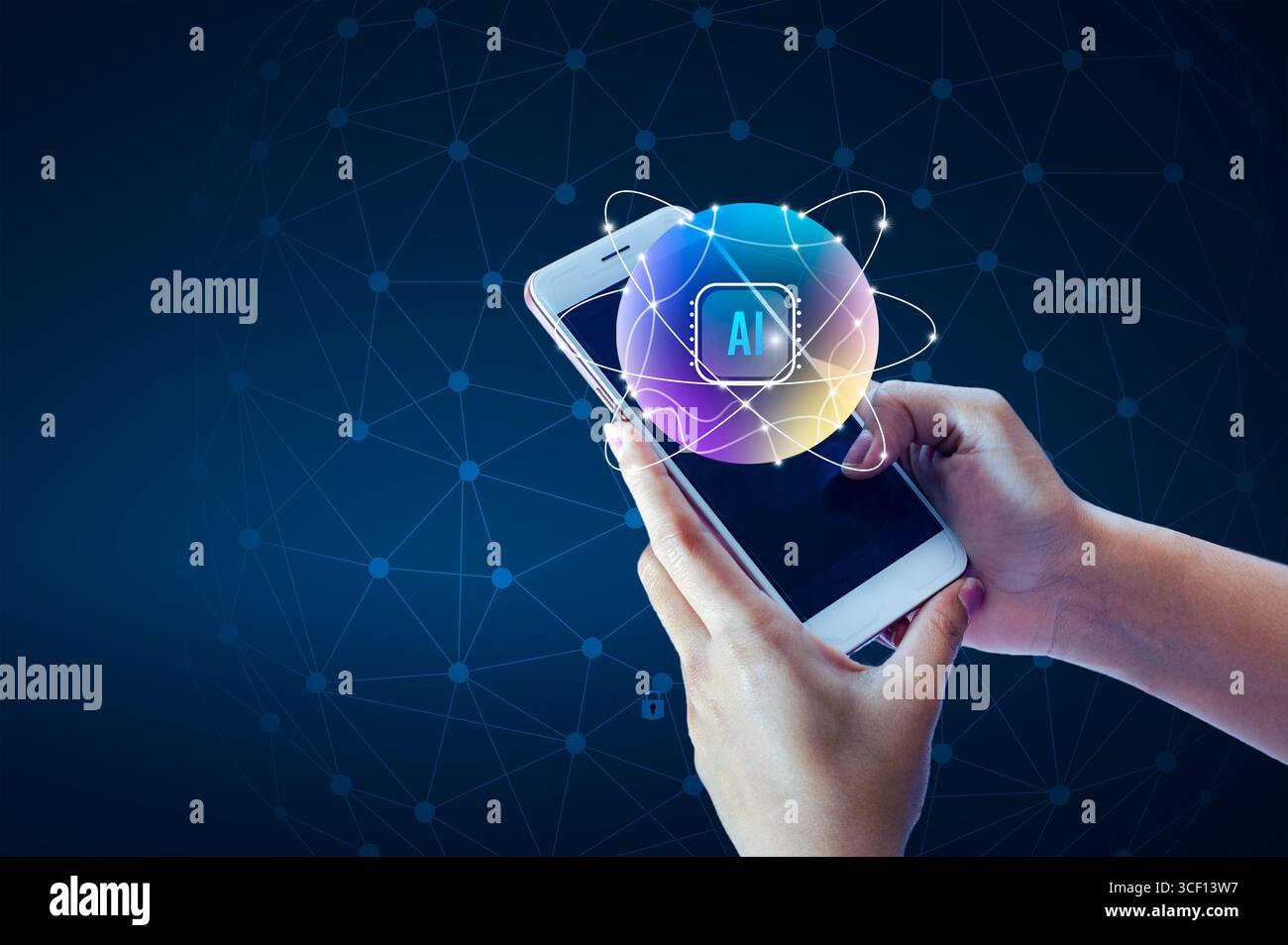 Artificial Intelligence (AI) concept with a glowing digital sphere and futuristic data network grid, representing machine learning, big data processin Stock Photo
