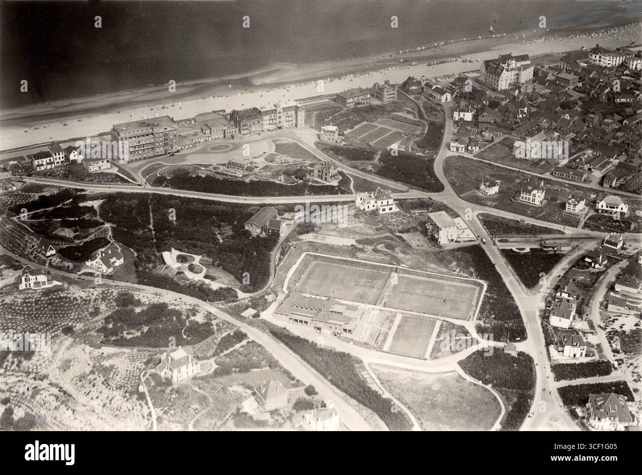 An aerial view of Noordwijk aan Zee village, beach, and boulevard in ...
