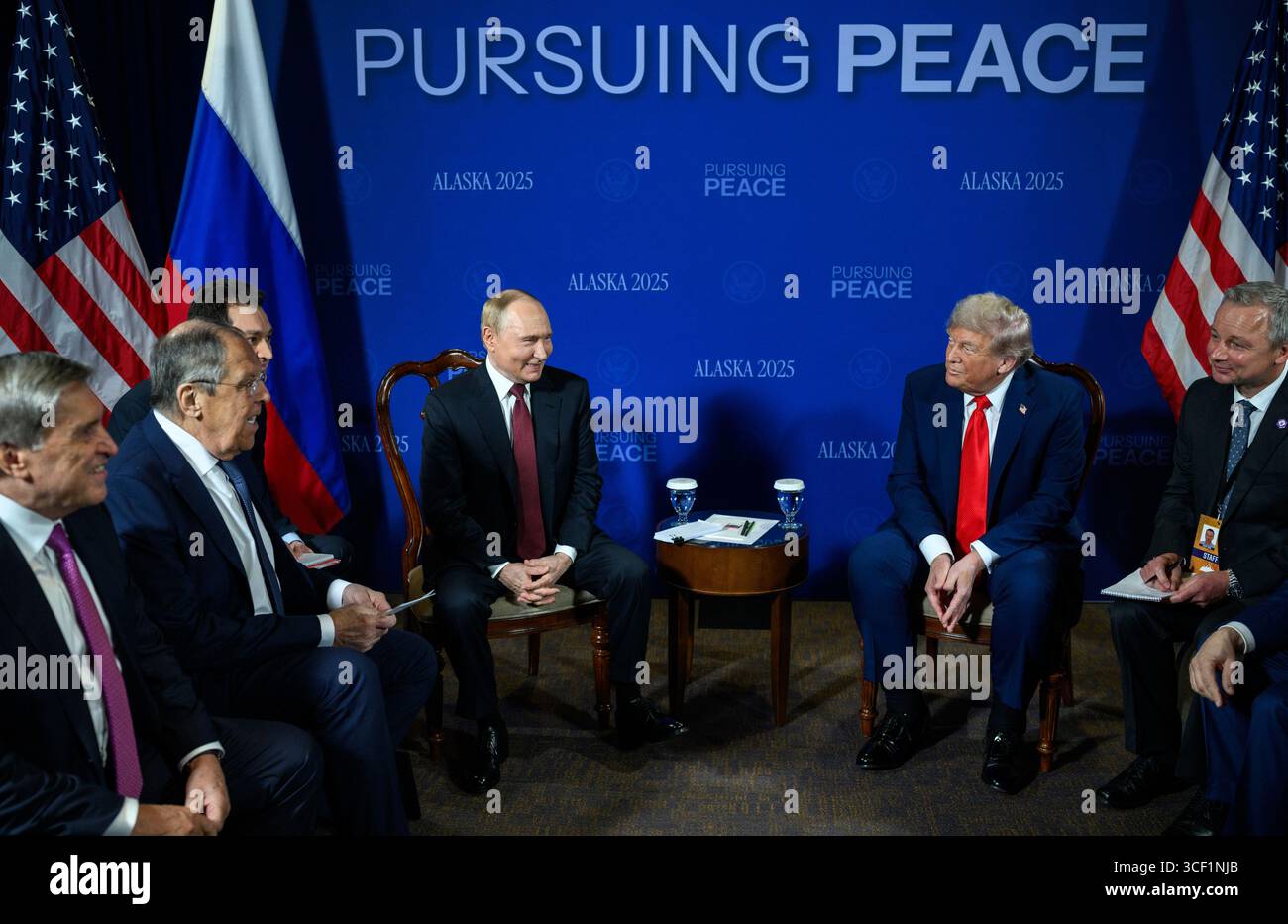 ANCHORAGE, ALASKA, USA - 15 August 2025 - US President Donald Trump with Russian President Vladimir Putin at Joint Base Elmendorf Richardson in Anchor Stock Photo