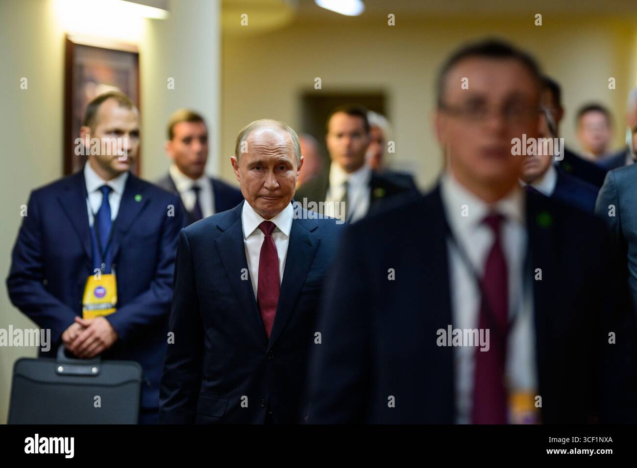 ANCHORAGE, ALASKA, USA - 15 August 2025 - US President Donald Trump meets with Russian President Vladimir Putin at Joint Base Elmendorf Richardson in Stock Photo