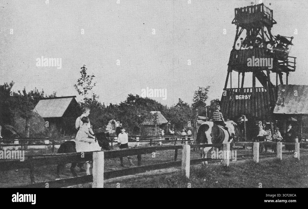 In 1933, visitors to the Sport, Play, and Animal Park 'Ons Buiten' in Venlo North could enjoy horseback riding at the park's riding school, showcasing early 20th-century recreational activities in the Netherlands. Stock Photo