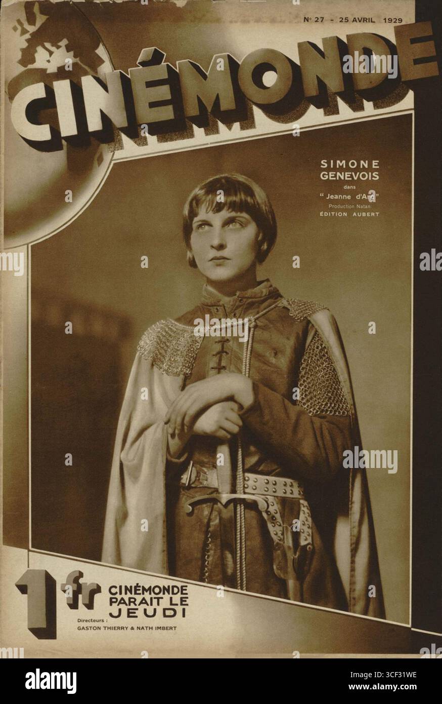 Simone Genevois portrayed Joan of Arc on the cover of Cinémonde magazine's April 25, 1929 edition. This photograph highlights her portrayal of the historic figure. Stock Photo