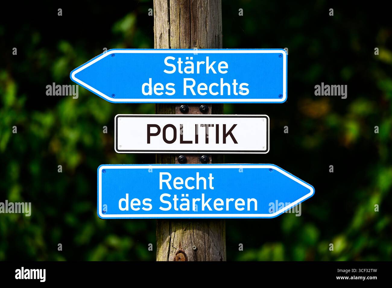 Signs with the inscription Politik, Stärke des Rechts and Recht des Stärkeren, photomontage Stock Photo