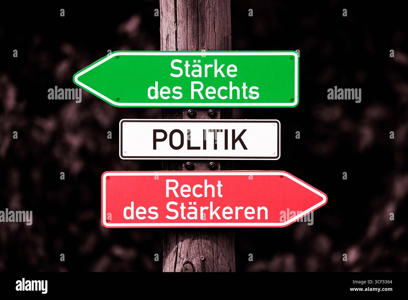 Signs with the inscription Politik, Stärke des Rechts and Recht des Stärkeren, photomontage Stock Photo