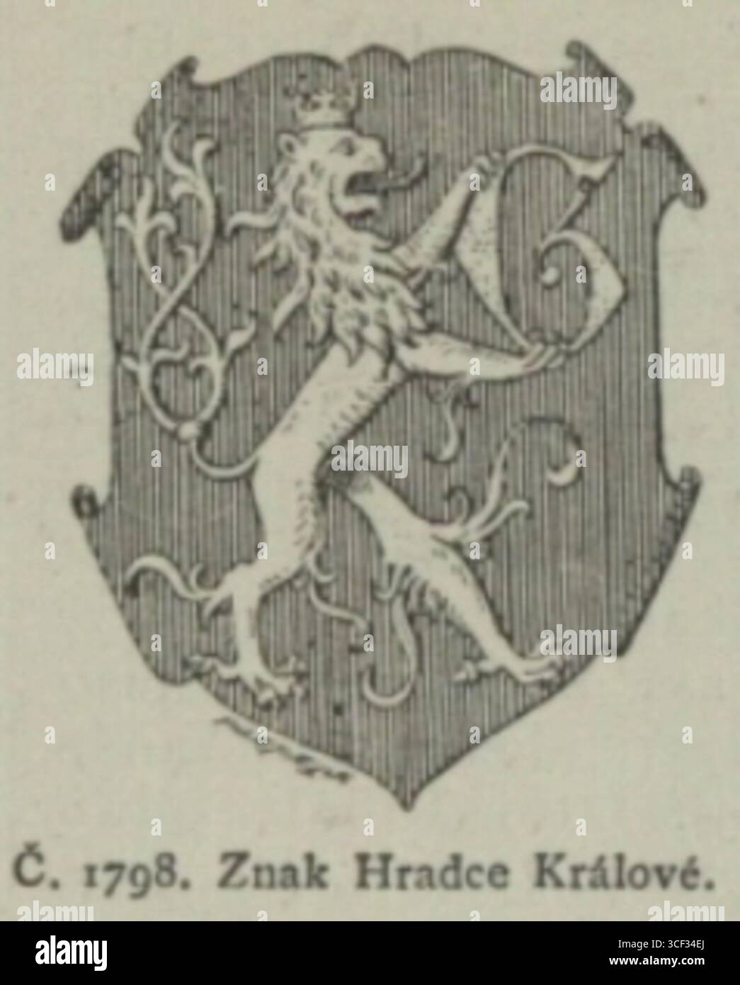 The 1798 coat of arms of Hradec Králové, featured in a 1897 engraving, representing the city’s historical identity. Stock Photo