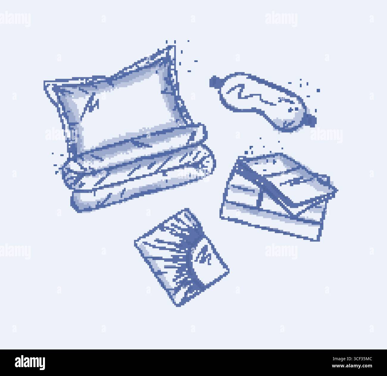 Sleeping accessories set for resting with sleep mask for eyes, sheet, pillow drawn in graphic style on blue background Stock Vector