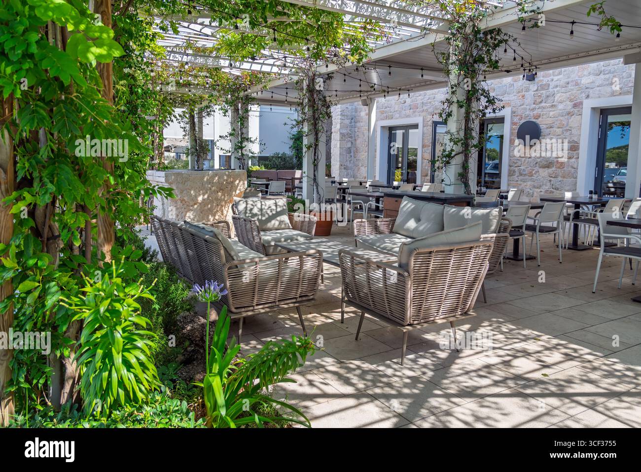 A beautiful sun-dappled patio of an outdoor restaurant with stylish furniture under a pergola covered with green vines Stock Photo