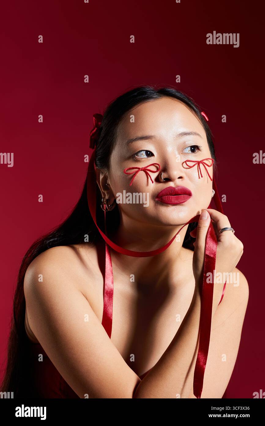 A beautiful young Asian woman with unique makeup and vibrant red lips poses gracefully. Stock Photo