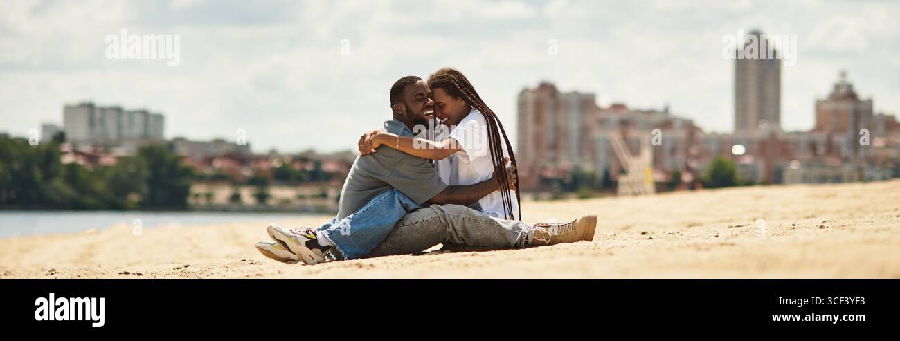 Delightful couple enjoying a peaceful stroll, embracing love by the water on a sunny day. Stock Photo