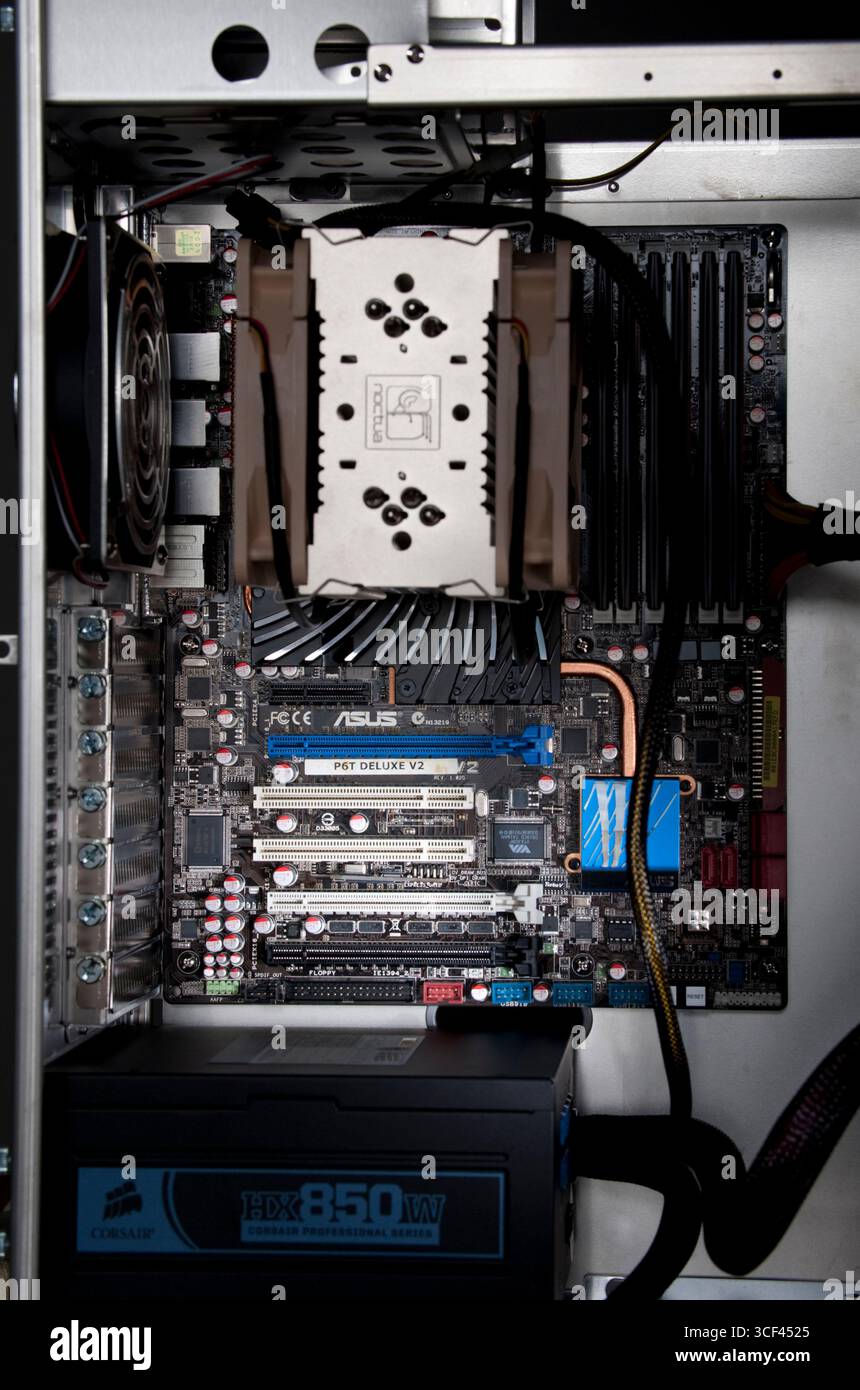New motherboard installed in computer case Stock Photo