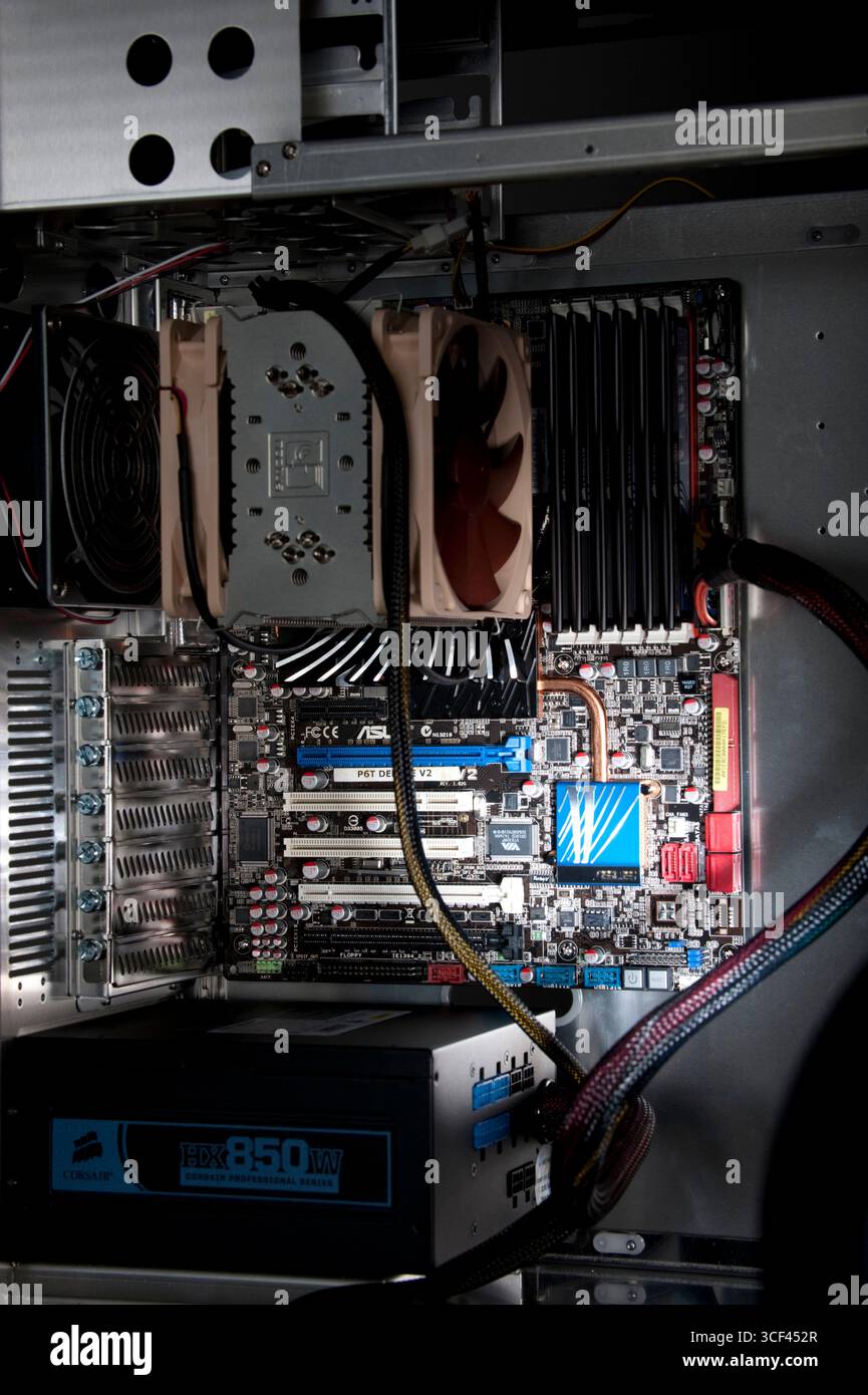 New motherboard installed in computer case Stock Photo