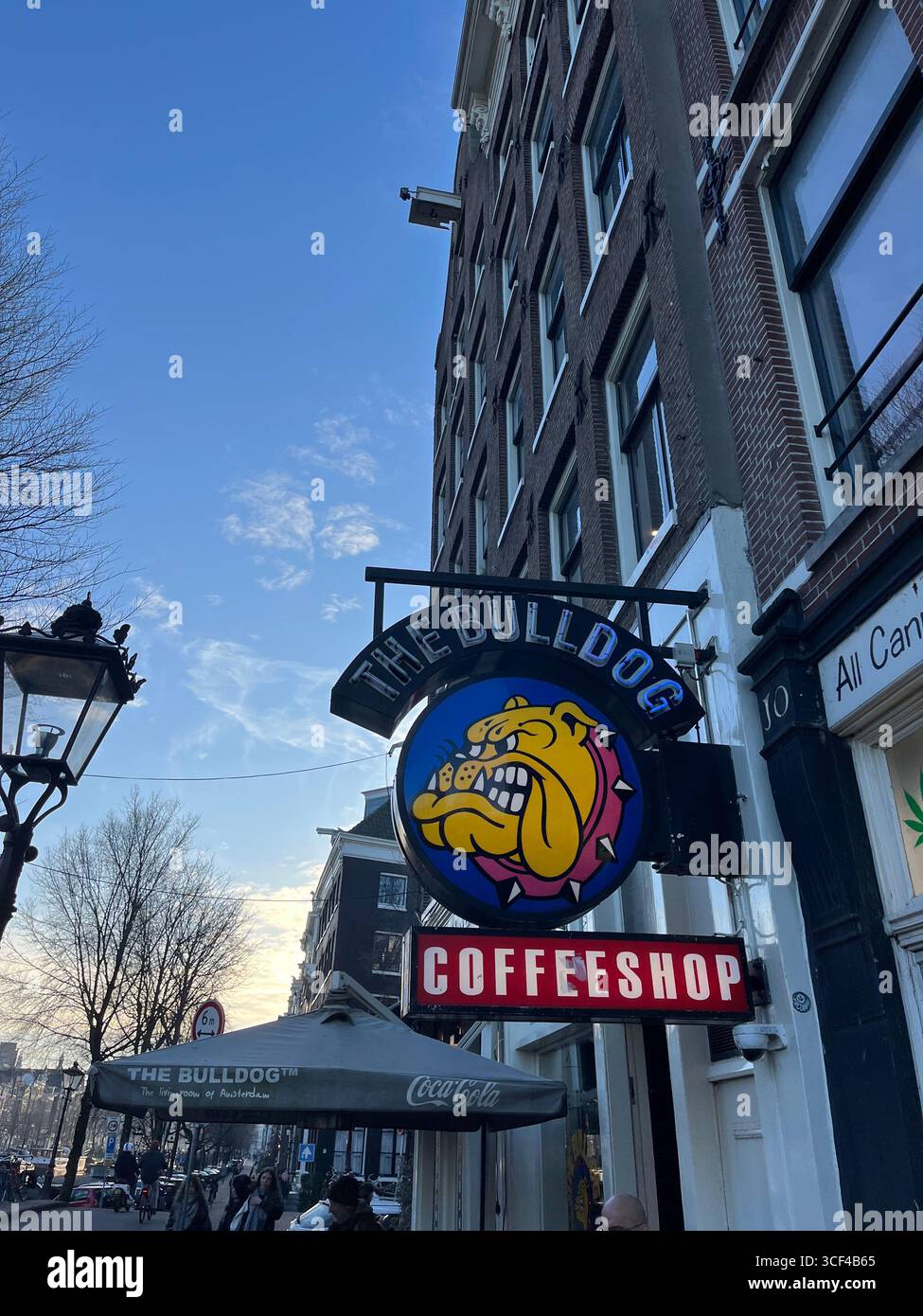 Exterior sign of The Bulldog Coffeeshop in Amsterdam, Netherlands. - Smartphone Captured Stock Image