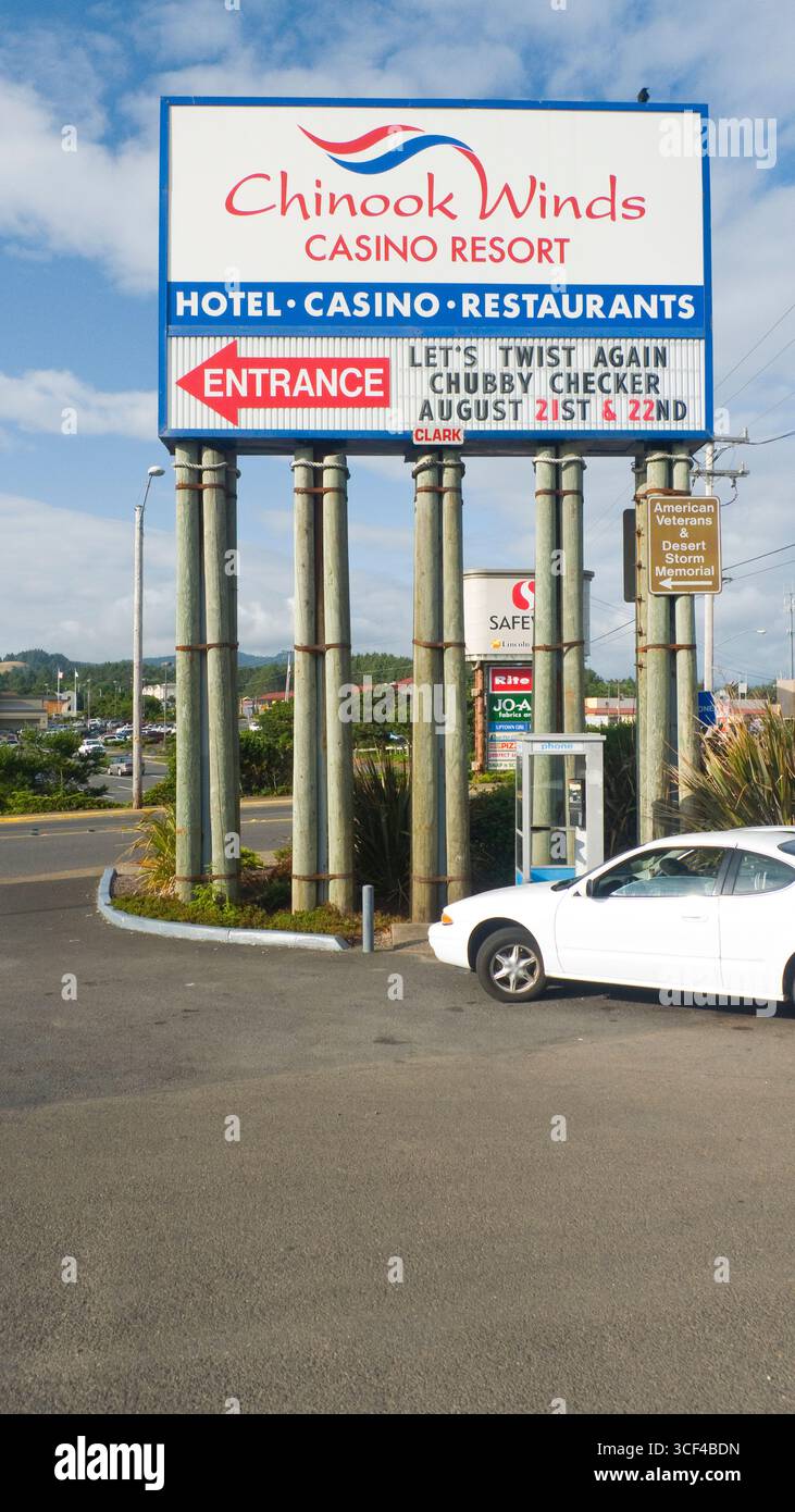 Large roadside sign for Chinook Winds Casino, Lincoln City, Lincoln County, Oregon, USA Stock Photo
